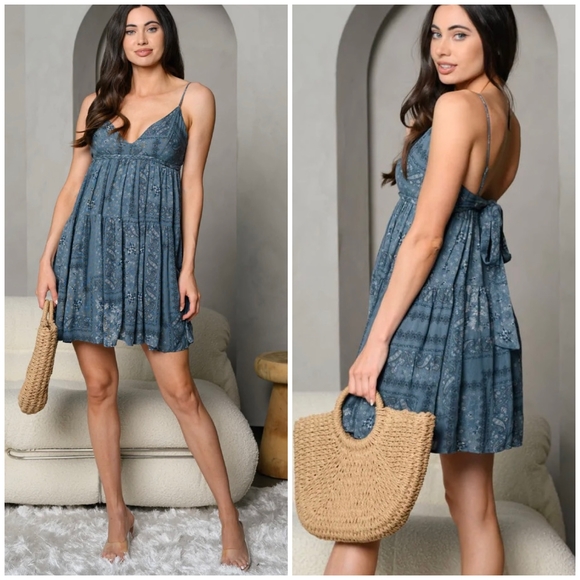 PAPERMOON Boho Chic Dark Teal Spaghetti Straps Tired Short Dress - Picture 7 of 7